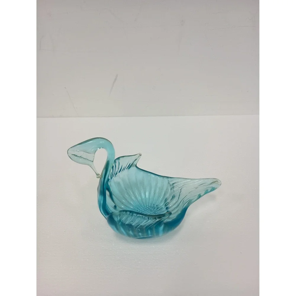 Vintage Art Glass Swan Bowl Blue Trinket Dish Decor Mid Century Modern Coastal